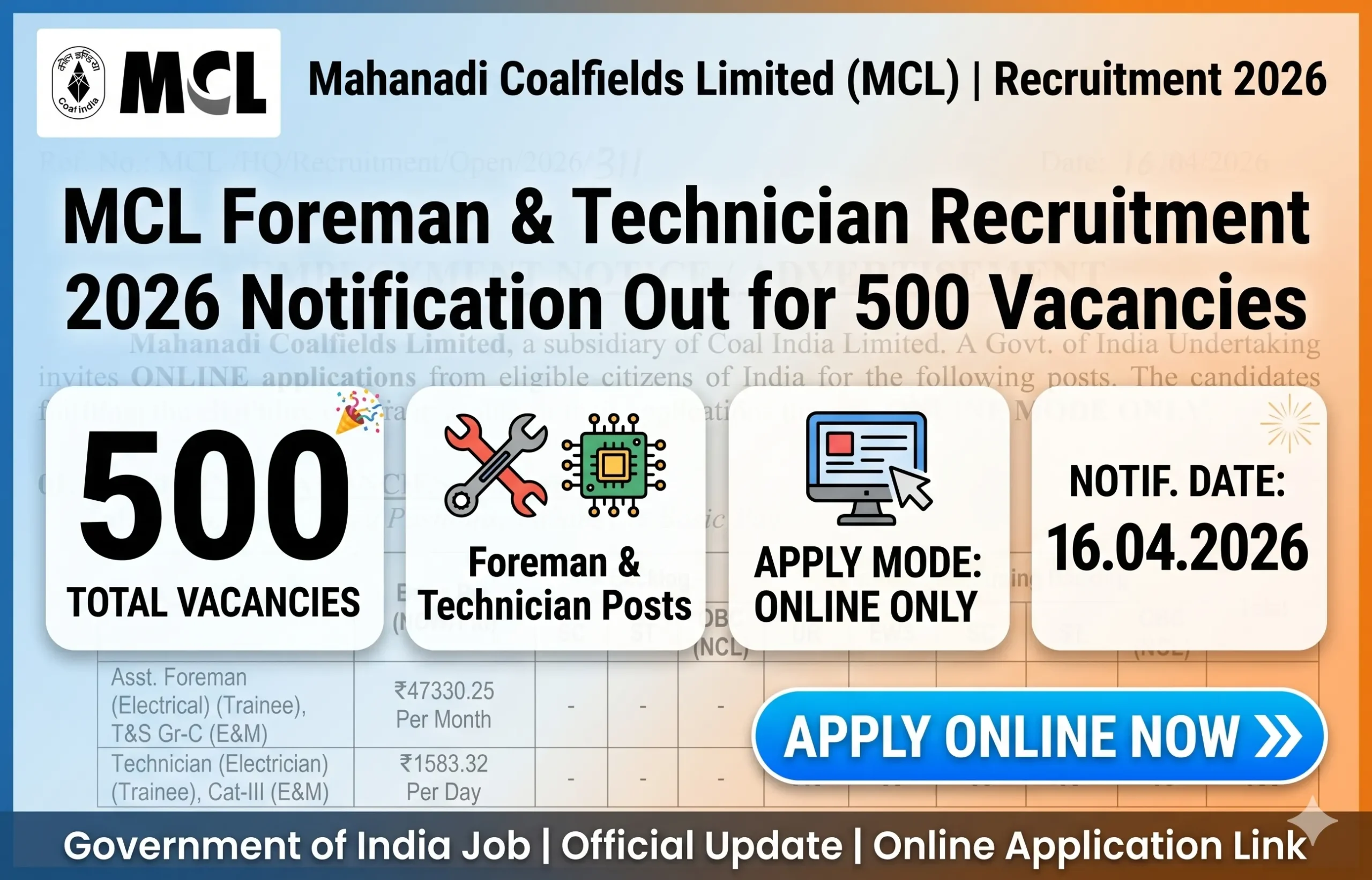 MCL Foreman and Technician Recruitment 2026